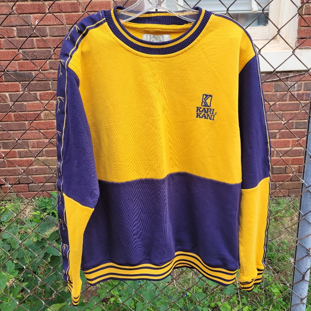 Karl Kani Blue Yellow Colorblock Crewneck Sweatshirt Y2K Hip Hop Rap Size L Read